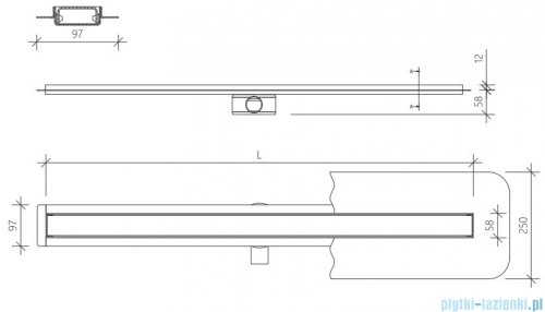 Wiper Premium Slim Ponente odpływ liniowy 50 cm z kołnierzem rysunek techniczny