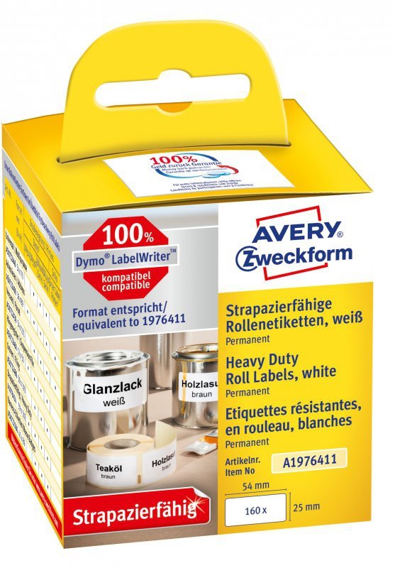 Etykiety Heavy Duty w rolce 160 etyk. 25 x 54 mm, poliestrowe, trwałe białe A1976411 Avery Zweckform