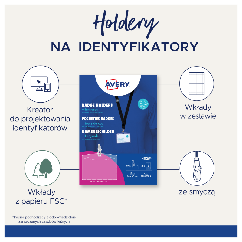 Holder na identyfikatory 60x90mm ze smyczą (10 sztuk+16 wkładów) 4825 AVERY