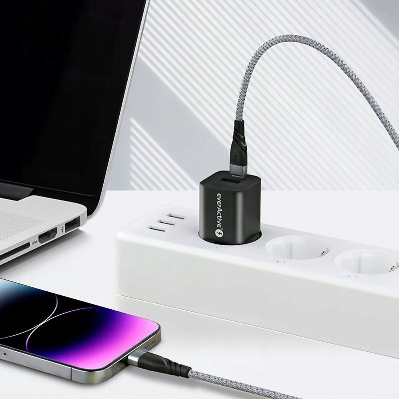 Kabel USB-C -&gt; Lightning 1m 20W pleciony szary EVERACTIVE (CBB-1CIG)