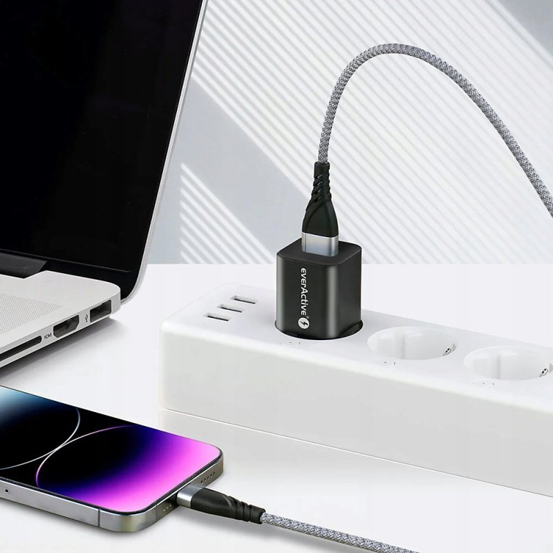 Kabel USB-A -&gt; Lightning 1m 2,4A pleciony szary EVERACTIVE (CBB-1IG)