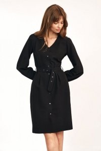 Czarna sukienka z paskiem w talii - S188