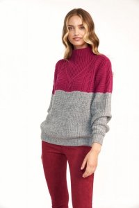 Dwukolorowy sweter - malina/szary - SW09