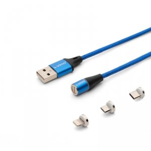 Kabel USB 2.0 SAVIO CL-157 USB – USB Typ C, Micro i Lightning, QC i PD 3.0, magnetyczny, 2m, niebieski
