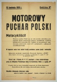 MOTOROWY Puchar Polski. Motocykliści! Motorowy puchar Polski ma na celu szeroko zakreśloną propagandę sportu motorowego [...] Zabrze, V 1960 