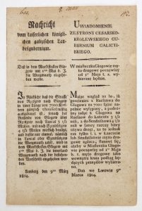 UWIADOMIENIE ze strony cesarsko-królewskiego Gubernium Galicyiskiego. W miasteczku Głogowie myto drogowe począwszy oa 1-go Maia t. r. wybierane będzie [...].