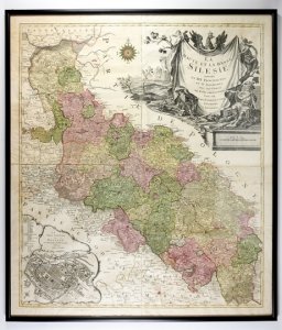 [ŚLĄSK]. La Haute et la Basse Silesie, divisée en XVII principautés et VI seigneuries avec les confins des etâts circonvoisins. Miedzioryt kolorowany form. 84,8x72,8 cm.