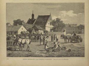 [PRZEMYŚL]. Kościół Reformatów i Plac Targowy. Rysował z natury W. Brochocki. Drzeworyt sztorcowy 16,7x23,8 cm
