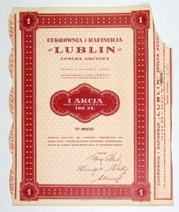 LUBLIN, Cukrownia i Rafinerja, Spółka Akcyjna. 1 akcja wartości nominalnej 100 zł. każda.
