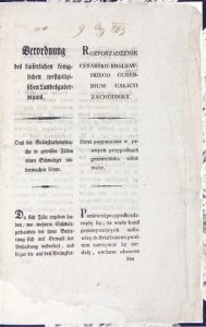 ROZPORZĄDZENIE Cesarsko-Królewskiego Gubernium Galicyi Zachodniey. Straż pograniczna w pewnych przypadkach przemytnika zabić może [...].