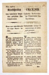 OKÓLNIK Cesarsko Królewskiego Gubernium Galicyiskiego. Postanowienie nowego cła wywozowego od niektórych towarów [...].