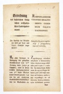 ROZPORZĄDZENIE Cesarsko-Królewskiego Gubernium Galicyi Zachodniey. Inney strzelby prócz myśliwskiey i przepychowey wywozić niewolno [...].