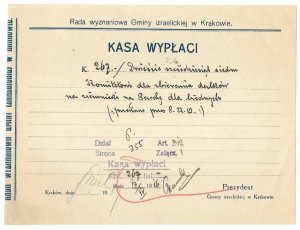 [POLECENIE wypłaty]. Odręcznie wypełniony blankiet Rady Wyznaniowej Gminy Izraelickiej w Krakowie polecający wypłatę 267 koron Komitetowi dla zbierania datków na ziemniaki na Paschę dla biednych, dat. 17 IV 1916 w Krakowie.