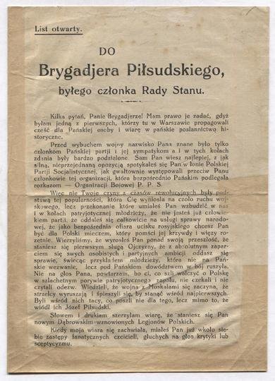 LIST otwarty. Do Brygadjera Piłsudskiego, byłego członka Rady Stanu. Kilka pytań, Panie Brygadjerze! Mam prawo je zadać, gdyż byłam jedną z pierwszych, którzy to w Warszawie propagowali cześć dla Pańskiej osoby i wiarę w pańskie posłannictwo historyczne [