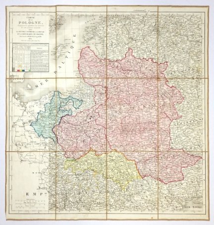 [POLSKA]. Carte de la Pologne indiquant le répartition du territoire de cette ancienne monarchie entre la Russie, l'Autriche, la Prusse, et la République de Cracovie. Staloryt kolorowany form. 47,2x46,2 cm.