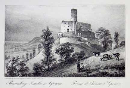 [LIPOWIEC]. Rozwaliny Zamku w Lipowcu. Ruines du Château à Lipowiec. Litografia form. 11,2x18,7 na ark. 14,8x21,9 cm