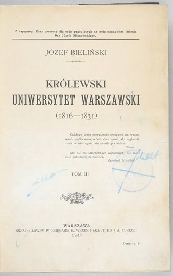 BIELIŃSKI Józef - Królewski Uniwersytet Warszawski (1816-1831). T. 2.