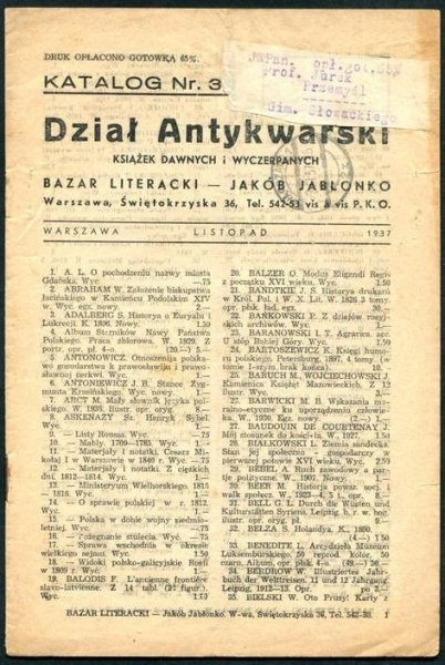 Bazar Literacki - Jakób Jabłonko. Dział antykwarski książek dawnych i wyczerpanych - katalog nr 3: XI 1937
