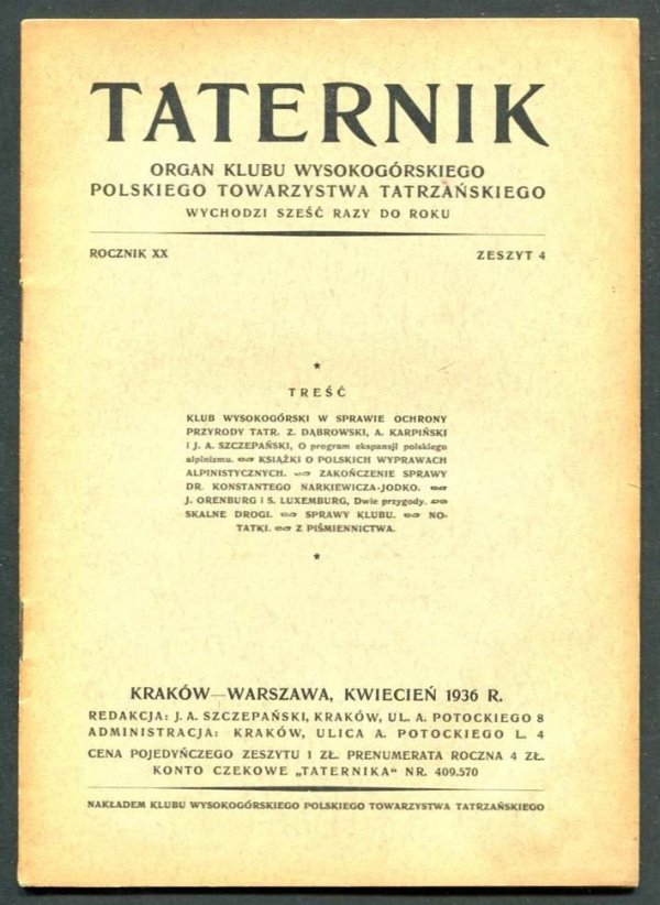 Taternik. Organ Klubu Wysokogórskiego Polskiego Towarzystwa Tatrzańskiego. R. 20: 1936, nr 4
