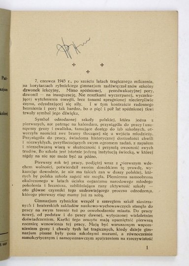 W ODZYSKANEJ szkole. Jednodniówka Państwowego Gimnazjum i Liceum Koedukacyjnego w Rybniku wydana z okazji pierwszej rocznicy wznowienia pracy szkolnej po wojnie. 1945-1946. Za komitet red.: Kazimierz Herz.