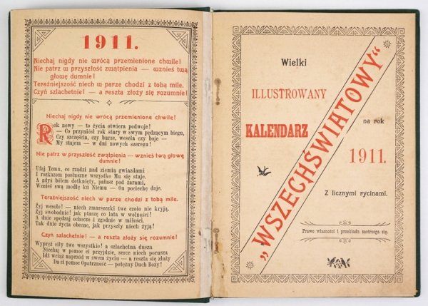 [KALENDARZ]. Wielki illustrowany kalendarz &quot;Wszechświatowy&quot; na rok 1911. Z licznymi rycinami.