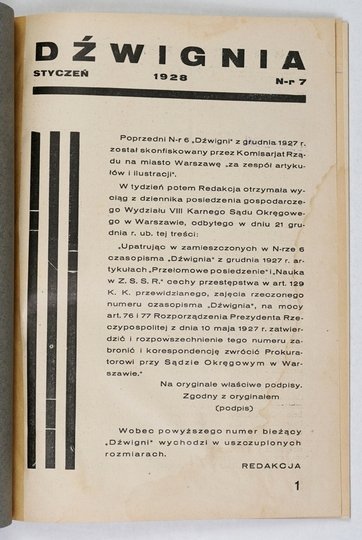 DŹWIGNIA. Miesięcznik. Nr 7: I 1928.