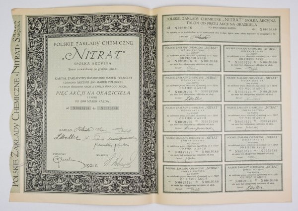 NITRAT, Zakłady Chemiczne, Spółka Akcyjna [...]. Pięć akcji na okaziciela I emisji po 500 marek każda.