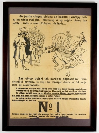 34 PARTJE ciągną chłopa za kapotę i wołają: Oddaj na nas rolniku swój głos. Obiecujemy ci raj, majątek [...] a nawet Królestwo niebieskie... [1928].