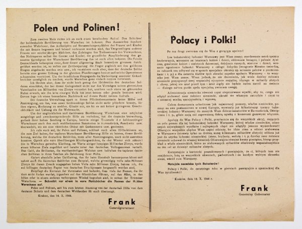 POLACY i Polki! Po raz drugi zwracam się do Was z gorącym apelem! Los bohaterskiej ludności Warszawy jest Wam znany; mordowanie setek tysięcy bezbronnych, wieszanie na latarniach kobiet i dzieci, oblewanie benzyną i palenie żywcem, [...] dla zatarcia ślad
