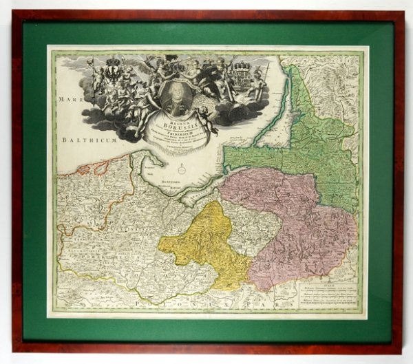 [PRUSY]. Regnum Borussiae Gloriosis auspicijs Serenissimi [...] Friderici III Primi Borussiae Regis [...] Geographice cum vicinis Regionibus adumbratum. Miedzioryt kolorowany form. 48,2x57 cm