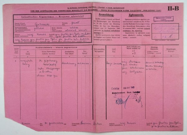 ZGŁOSZENIE z czasów okupacji dotyczące majątku znajdującego się zagranicą, dat. 30 X 1940 w Krasnem.