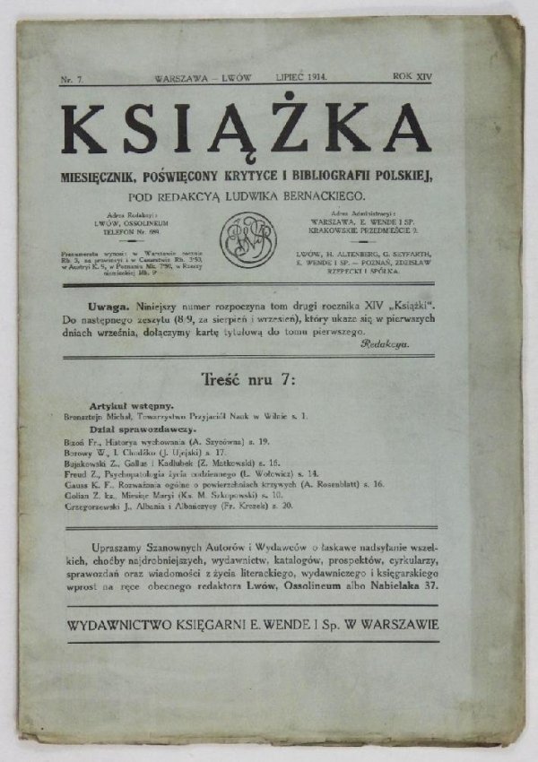 Książka. Miesięcznik, poświęcony krytyce i bibliografii polskiej pod redakcyą Ludwika Bernackiego. Rok XIV, nr 7: VII 1914