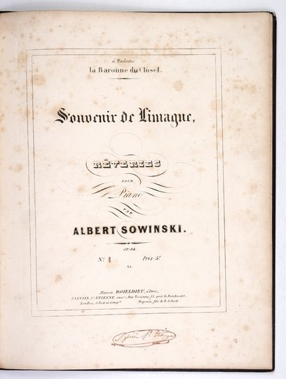 [SOWIŃSKI Wojciech Albert, kompozytor]. Dwie kompozycje Wojciecha Alberta Sowińskiego, jego odręczny list oraz spisany przez kompozytora wykaz jego pierwszych utworów; lata 70. XIX w.