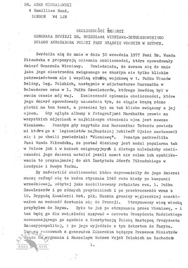 [WIENIAWA-DŁUGOSZOWSKI Bolesław]. Relacja dotycząca przyczyn i okoliczności śmierci Bolesława Wieniawy-Długoszowskiego 1 VII 1942 sporządzona przez jego siostrzeńca Adama Michalewskiego w 1978
