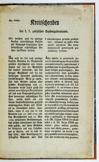 KREISSCHREIBEN des k. k. galiziischen Landesguberniums. I niezakupne grunta poddańcze, uznane są jako własność użytków dla teraźniejszych prawnych posiadaczy tychże [...].