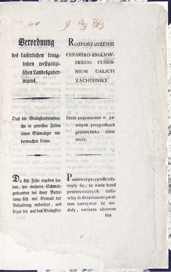 ROZPORZĄDZENIE Cesarsko-Królewskiego Gubernium Galicyi Zachodniey. Straż pograniczna w pewnych przypadkach przemytnika zabić może [...].