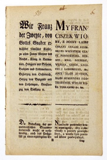MY FRANCISZEK Wtóry [...] obrany Cesarz Rzymski [...]. Niezbyte potrzeby kraiu wymagaią, aby i dochody  poczty powiększyć, a wcelu tym porto od listów podwyzszyć [...].