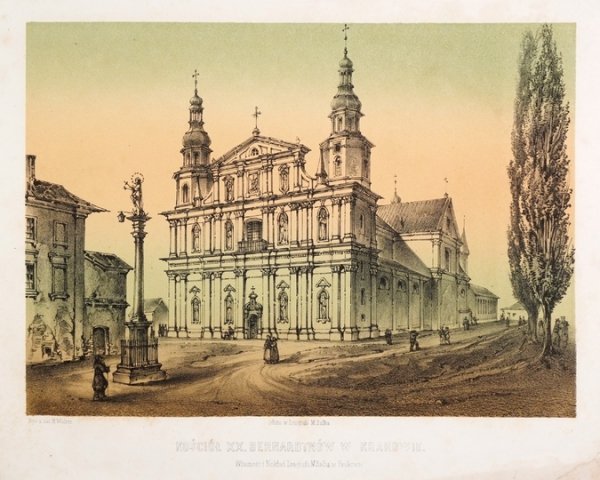 [KRAKÓW]. Kościół XX. Bernardynów w Krakowie. Litografia na barwnej tincie 19,2x27 cm na ark. 26,8x34,3 cm.