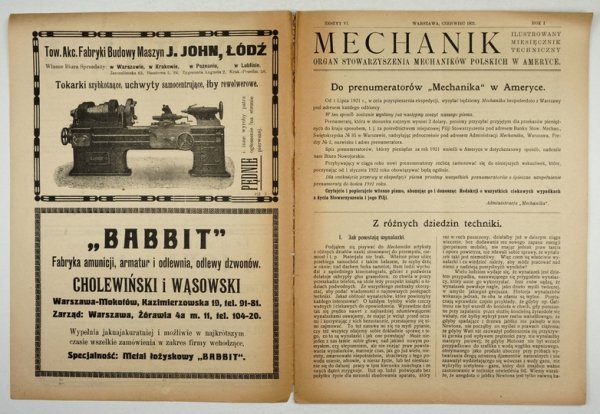 MECHANIK. Ilustrowany miesięcznik techniczny. Organ Stowarzyszenia Mechaników Polskich w Ameryce. Red. Jan Komarnicki.{|br /|}R. 3, z. 6: VI 1921