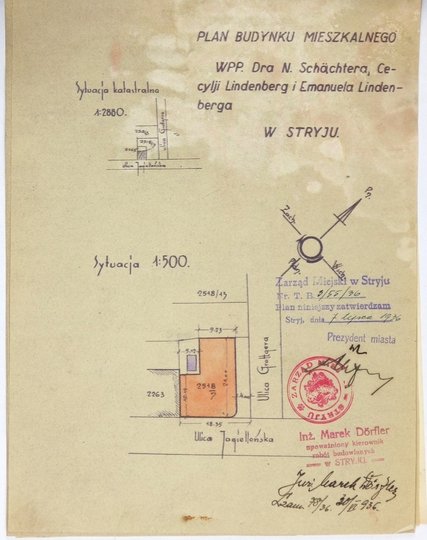 [STRYJ]. &quot;Plan budynku mieszkalnego WPP. Dra N. Schächtera, Cecylji Lindenberg i Emanuela Lindenberga w Stryju. 1936.