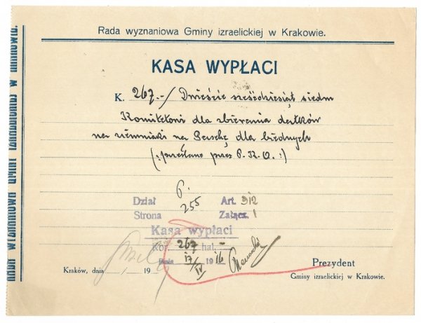 [POLECENIE wypłaty]. Odręcznie wypełniony blankiet Rady Wyznaniowej Gminy Izraelickiej w Krakowie polecający wypłatę 267 koron "Komitetowi dla zbierania datków na ziemniaki na Paschę dla biednych", dat. 17 IV 1916 w Krakowie.