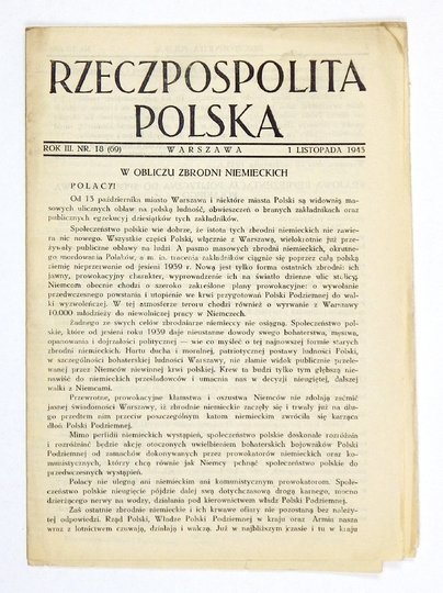 RZECZPOSPOLITA Polska. Warszawa. [Delegatura Rządu]. Dwutygodnik konspiracyjny. R. 3, nr 18 (69): 1 XI 1943.