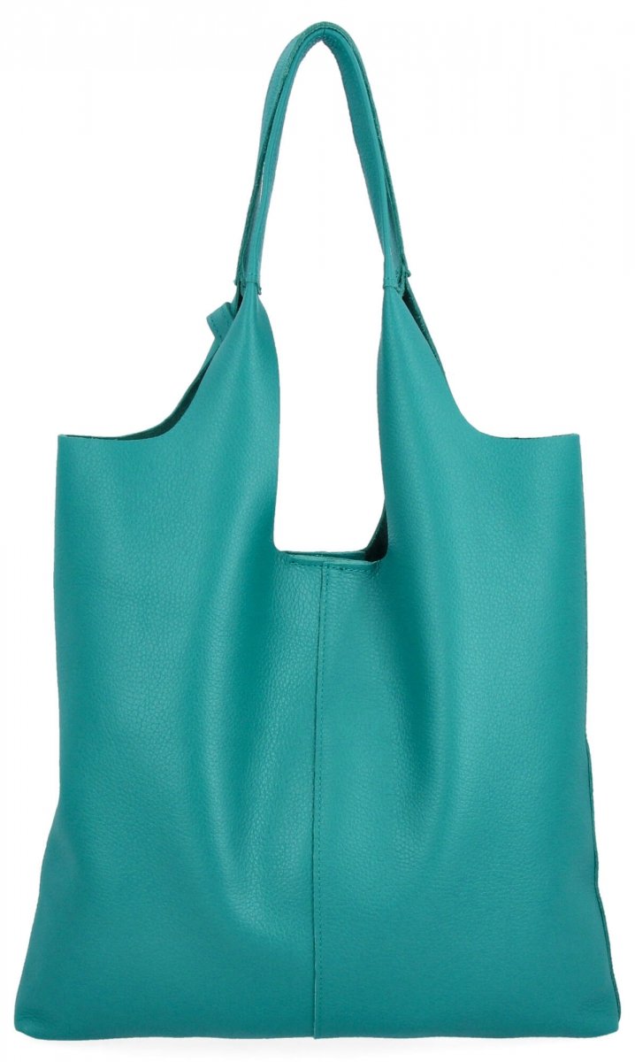 Włoska Torebka Skórzana Shopper Bag z Kosmetyczką Turkusowa