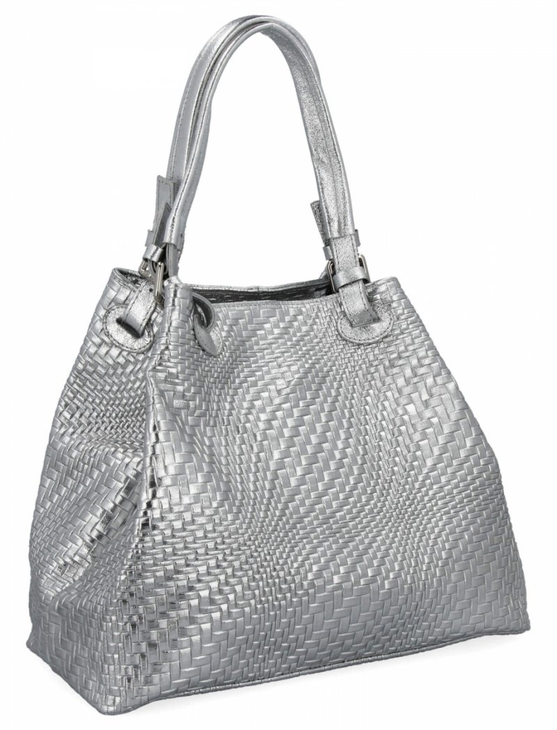 Stylowa Torebka Skórzana Shopper Bag Srebrna
