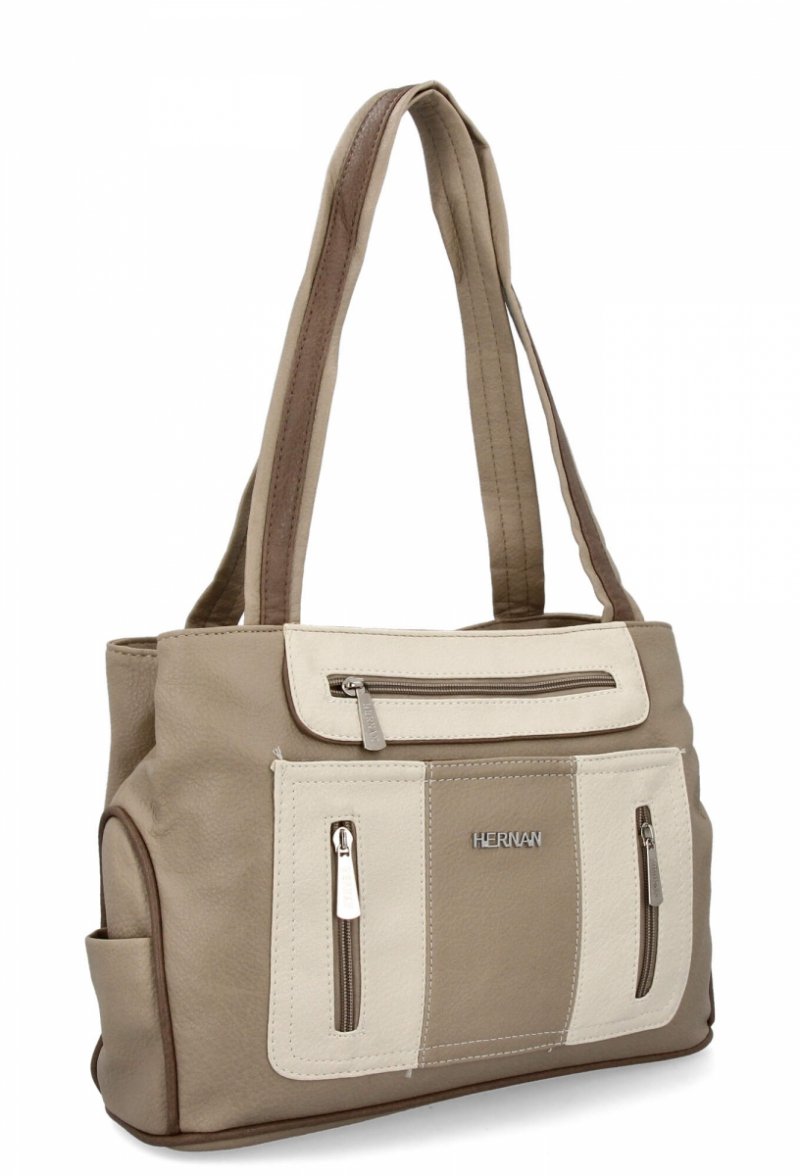 Dwukomorowa Torebka Damska Shopper Bag firmy Hernan Ciemno Beżowa/Beżowa