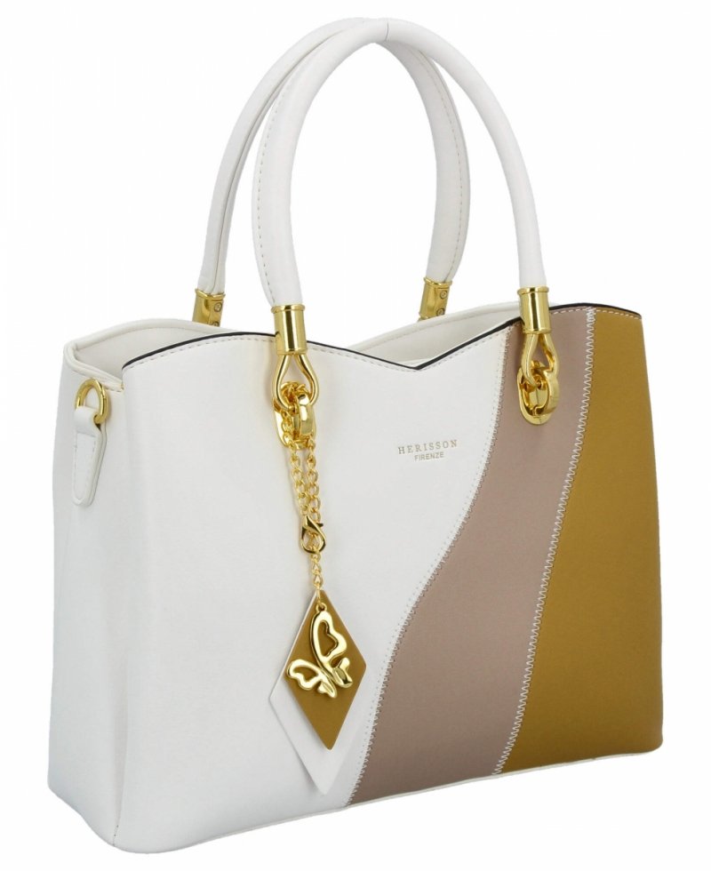 Modna Torebka Damska Kuferek 3 Komory firmy Herisson Biała/Żółta