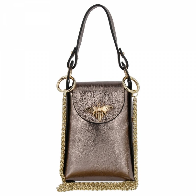 Torebka Skórzana Mała Listonoszka Na Łańcuszku Stare Złoto