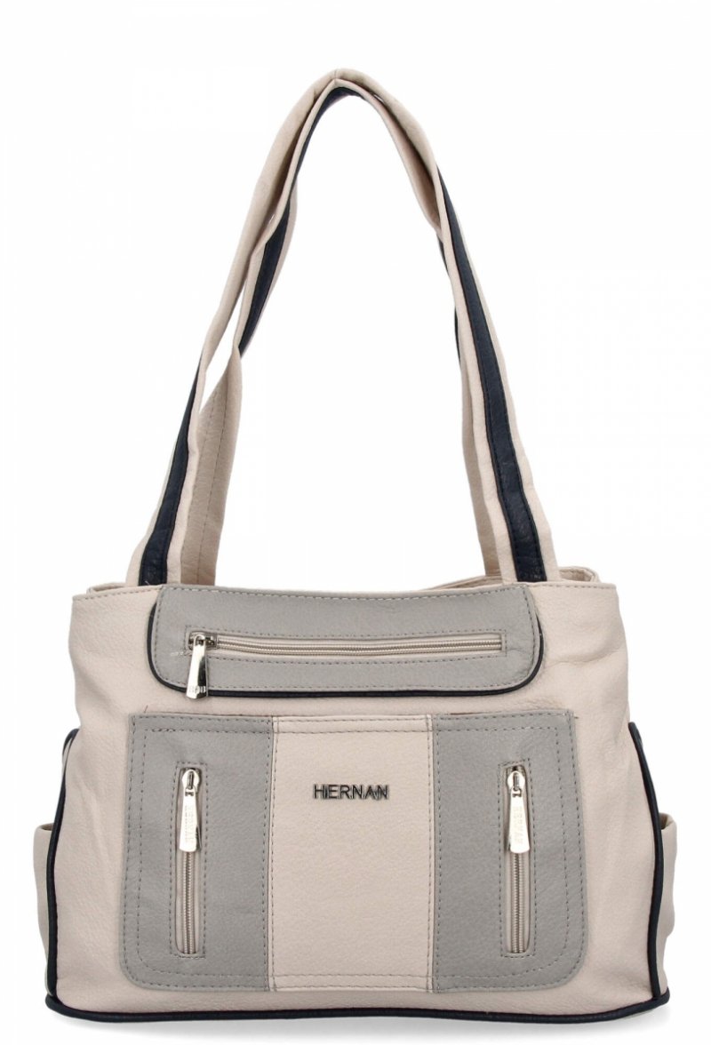 Dwukomorowa Torebka Damska Shopper Bag firmy Hernan Beżowa/Jasno Szara