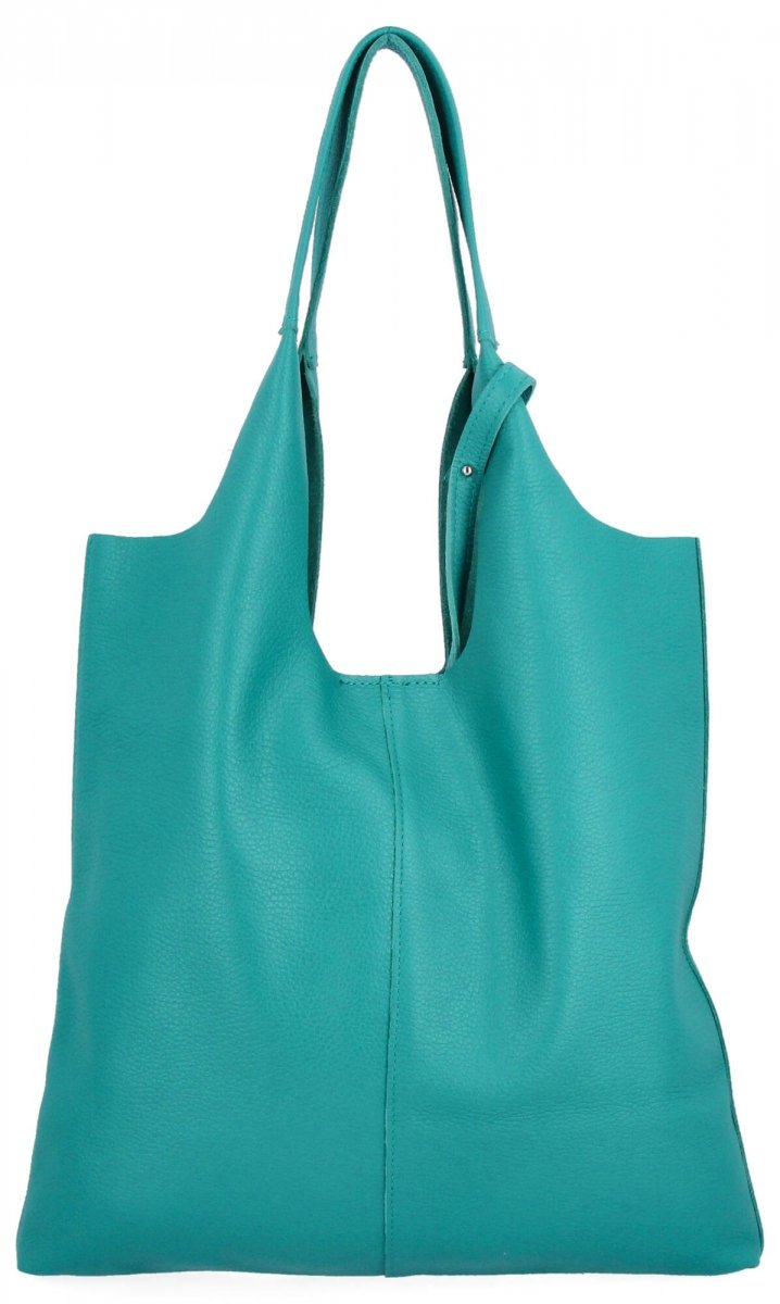 Włoska Torebka Skórzana Shopper Bag z Kosmetyczką Turkusowa