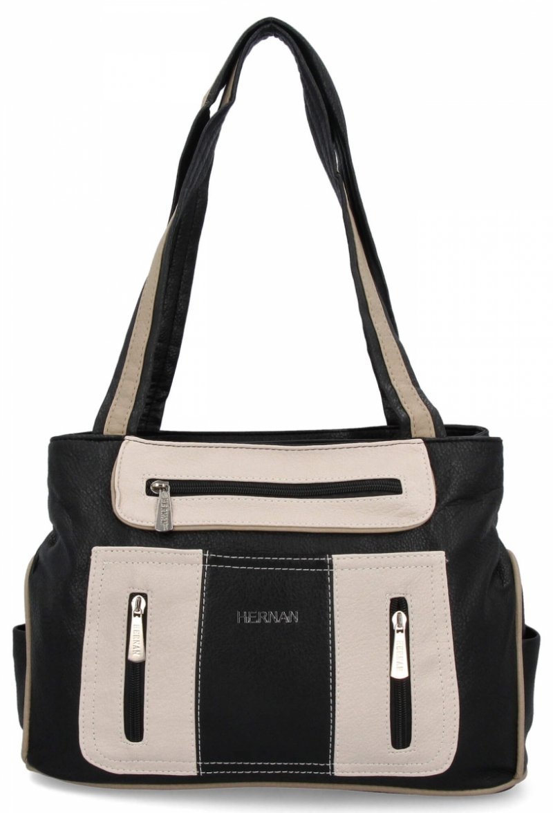 Dwukomorowa Torebka Damska Shopper Bag firmy Hernan Czarna/Beżowa